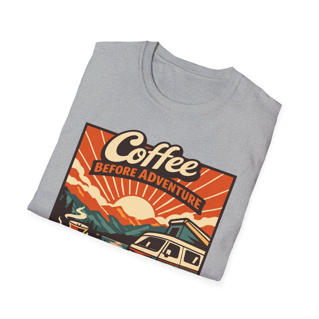 Coffee Before Adventure T-Shirt | Camper Van, Sunrise Camping Graphic
