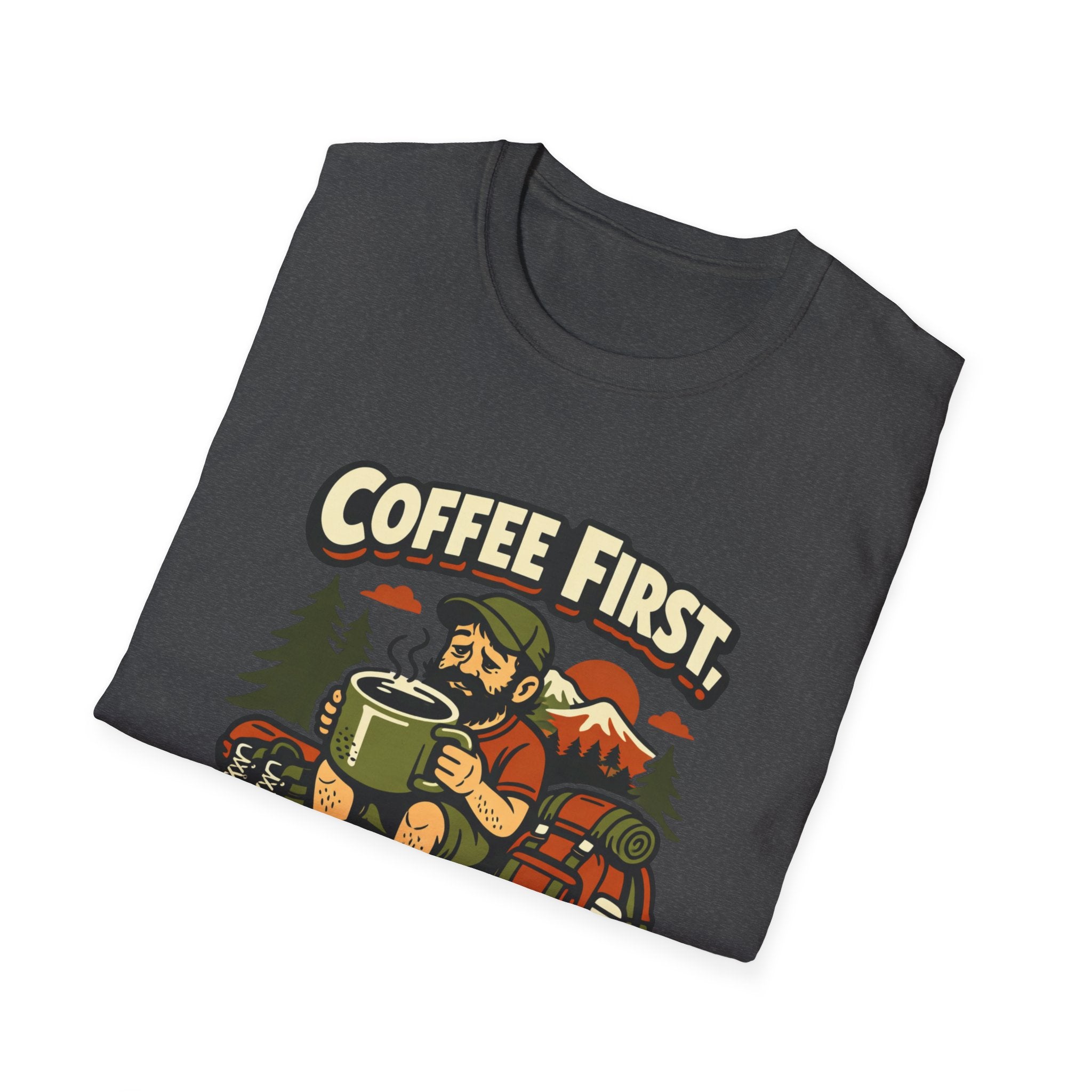 Coffee First Hike Later T-Shirt | Bearded Man Hiker