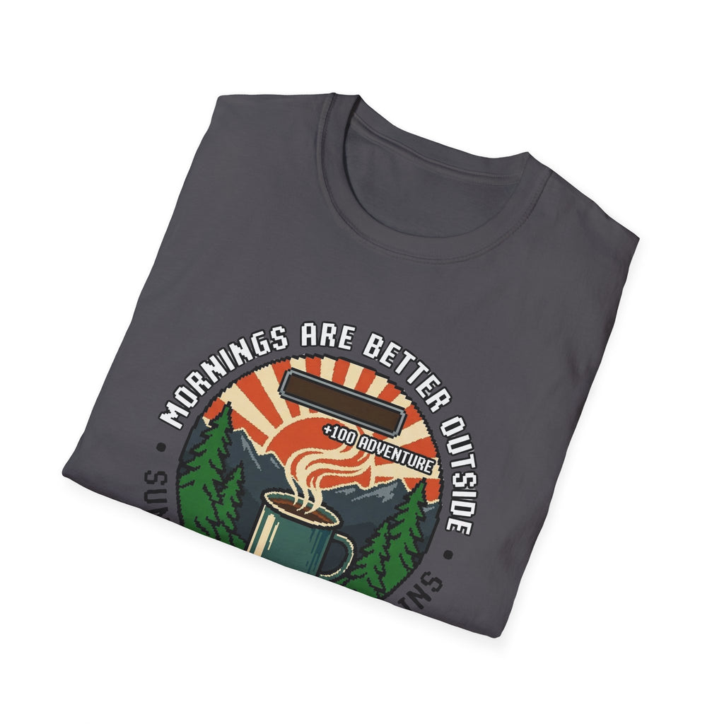 Mornings Are Better Outside T-shirt - Sunrise. Coffee. Mountains Retro Game Design