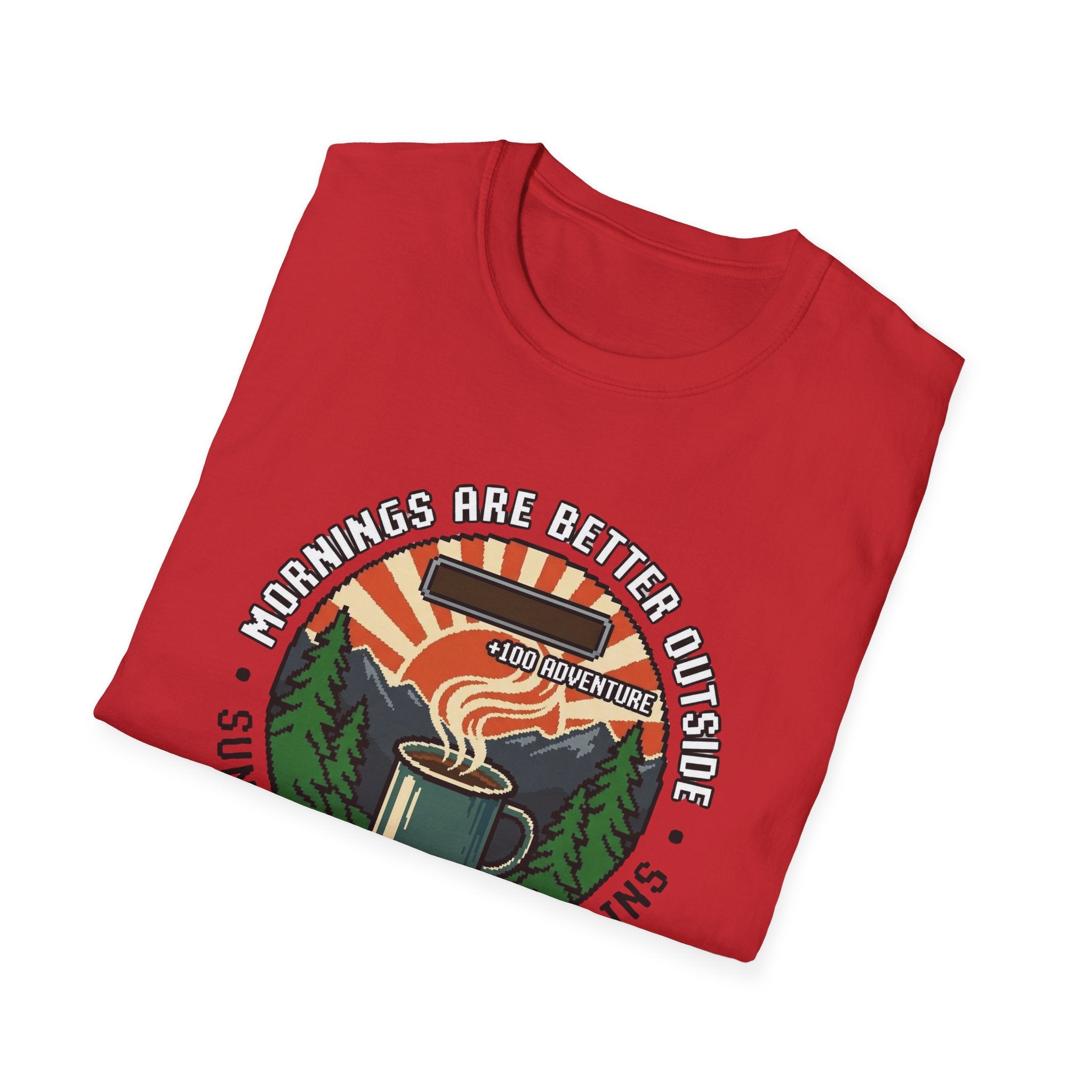 Mornings Are Better Outside T-shirt - Sunrise. Coffee. Mountains Retro Game Design