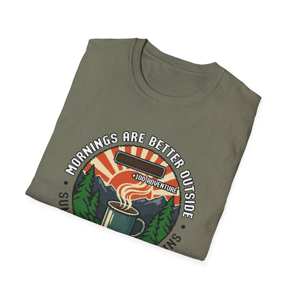 Mornings Are Better Outside T-shirt - Sunrise. Coffee. Mountains Retro Game Design