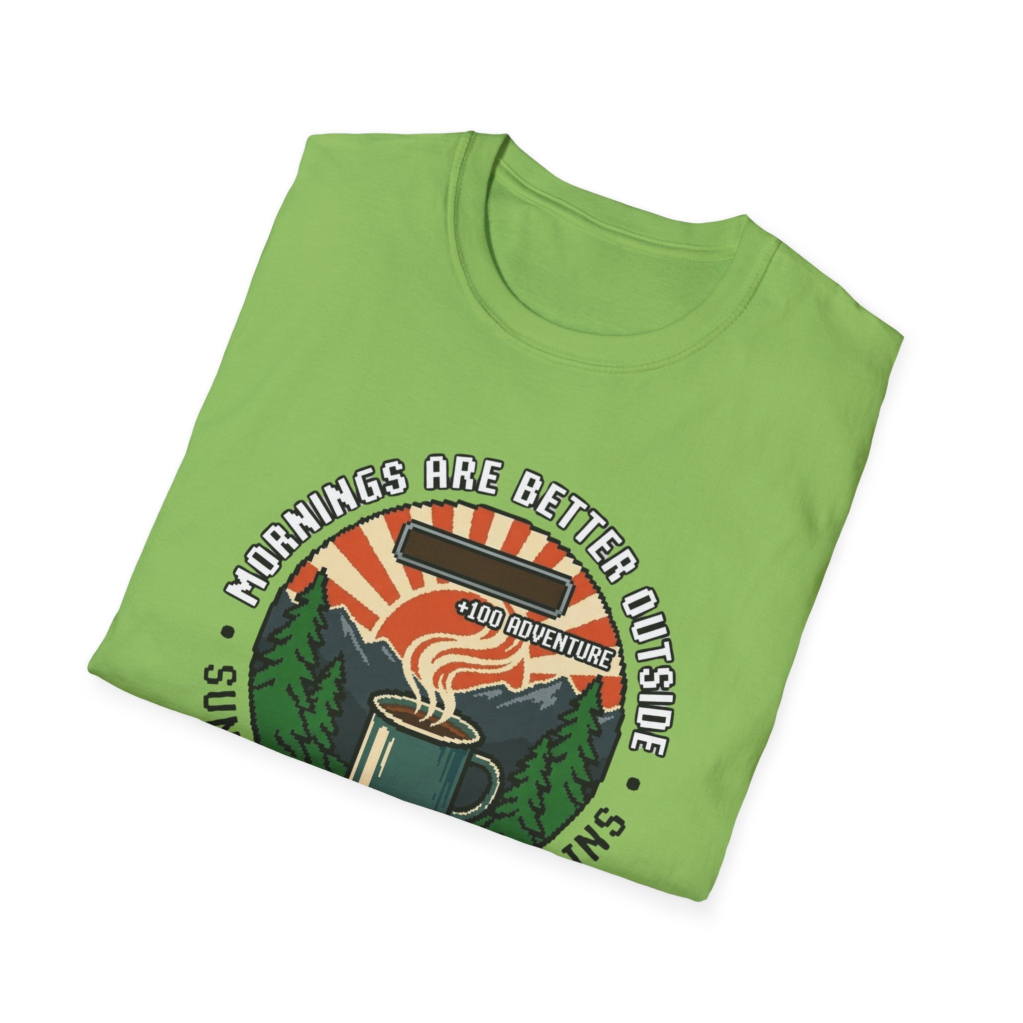 Mornings Are Better Outside T-shirt - Sunrise. Coffee. Mountains Retro Game Design