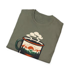 Morning Fuel Coffee T-Shirt — Mountains & Sunrise Graphic