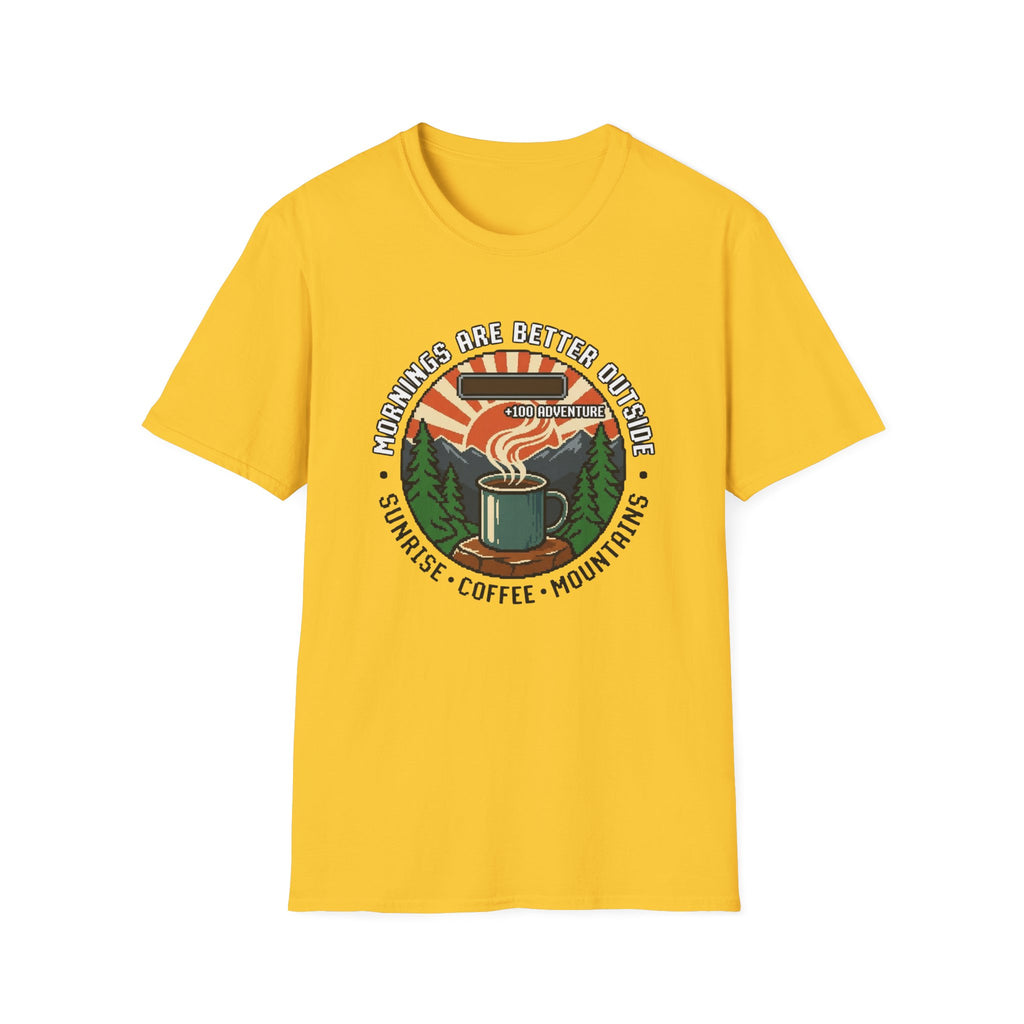 Mornings Are Better Outside T-shirt - Sunrise. Coffee. Mountains Retro Game Design