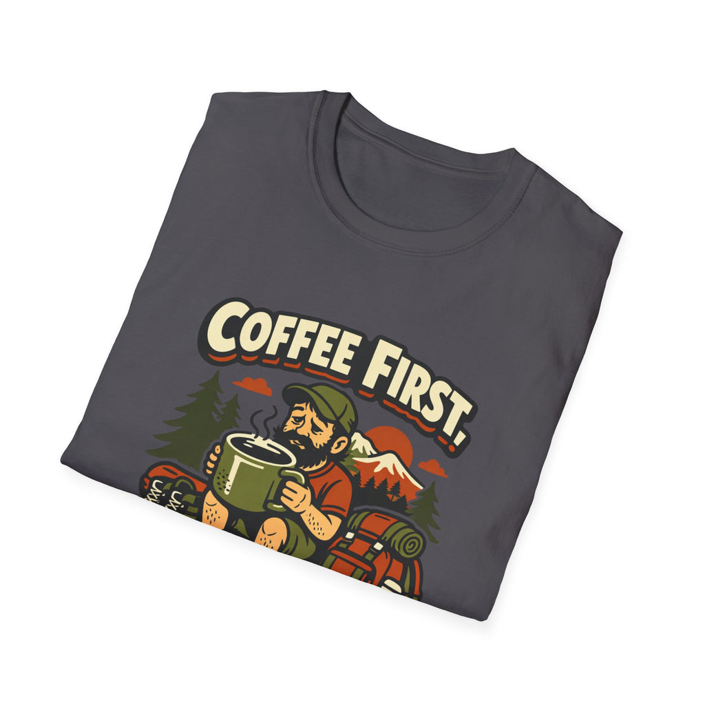 Coffee First Hike Later T-Shirt | Bearded Man Hiker
